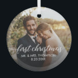 First Christmas MARRIED script wedding Photo  Glass Ornament<br><div class="desc">Celebrate your first Christmas as a married couple with this custom photo holiday ornament. Personalize it with your favorite wedding photo, date and with your names to create a cherished keepsake for your tree. This ornament is a beautiful way to commemorate your special milestone and will be a treasured memory...</div>