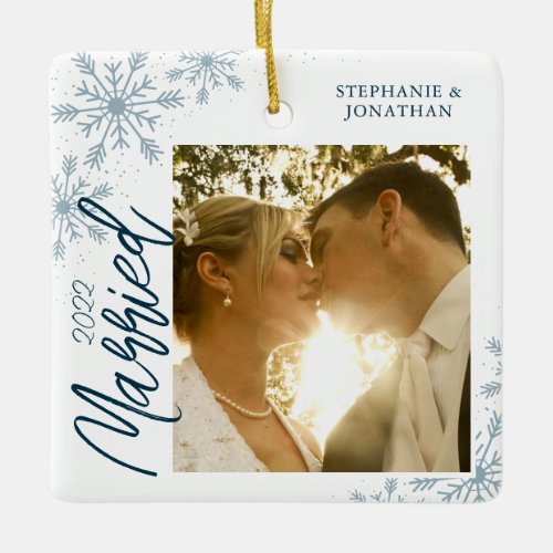 First Christmas Married Snowflakes Photo Ceramic Ornament