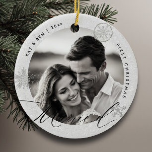 First Christmas Married Snowflakes White Chic Gift Ceramic Ornament