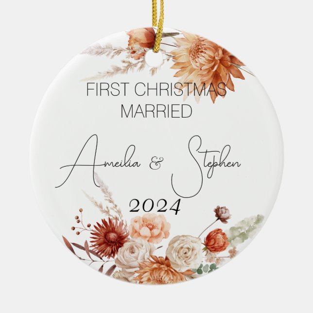 First Christmas Married Terracotta Watercolor  Ceramic Ornament (Front)