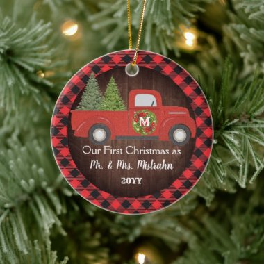 First Christmas Married Truck Plaid Mr. Mrs. PHOTO Ceramic Ornament