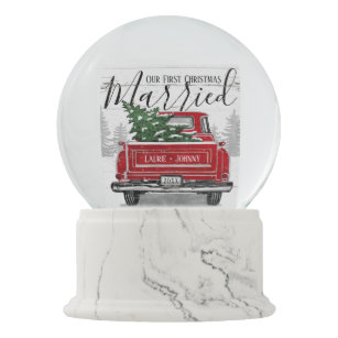 First Christmas Married Vintage Red Truck Photo Snow Globe