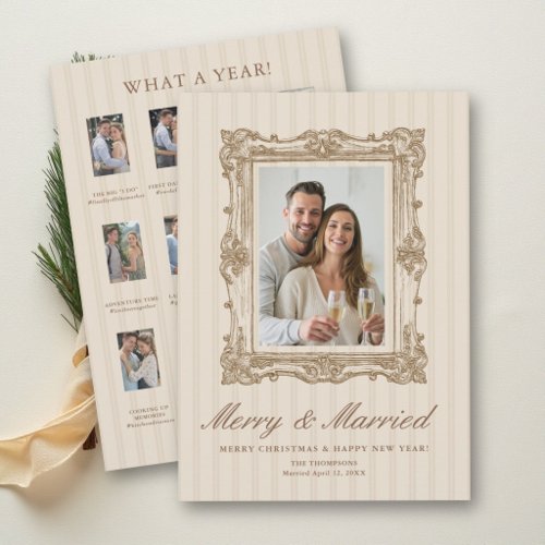 First Christmas Married Vintage Sketch Earthy Tan Holiday Card