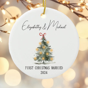 First Christmas Married Watercolor Christmas Tree Ceramic Ornament