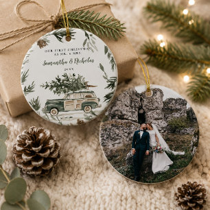 First Christmas Married Watercolor Photo Ceramic Ornament