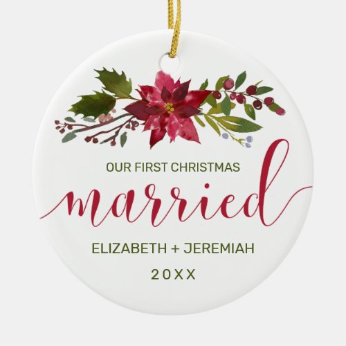 First Christmas Married Watercolor Poinsettia Ceramic Ornament