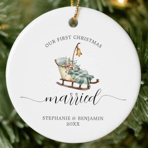 First Christmas Married Wedding Sleigh Plaid Photo Ceramic Ornament