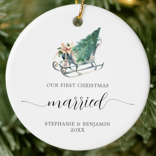 First Christmas Married Wedding Sleigh Tree Luxury Ceramic Ornament (our first christmas married newlyweds couple keepsake ornament wedding winter sleigh tree luxury)