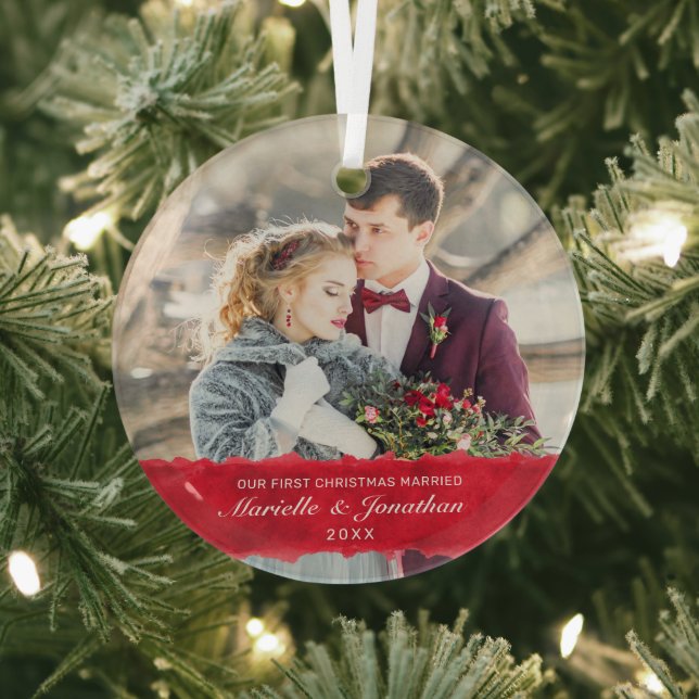 First Christmas Married White Script Photo Glass Ornament (Insitu)