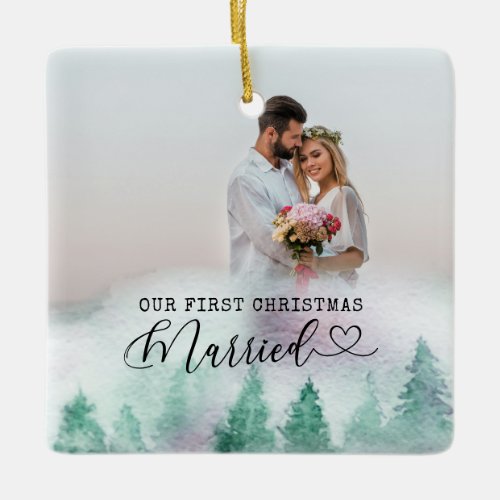 First Christmas Married Winter Forest 2 Photo Ceramic Ornament