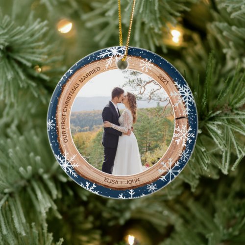 First Christmas married wood photos snowflakes Ceramic Ornament