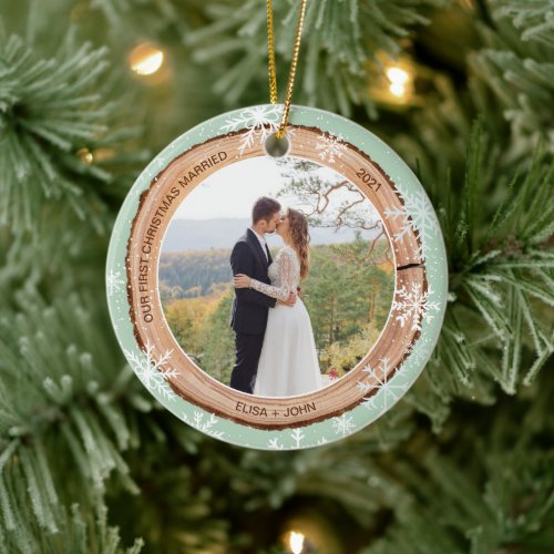 First Christmas married wood photos snowflakes Ceramic Ornament