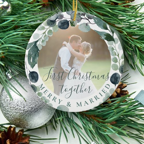 First Christmas merry and married couple photo  Ceramic Ornament
