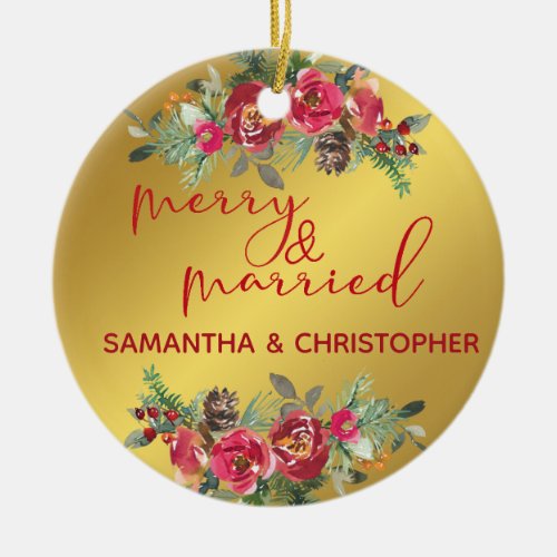 First Christmas Merry and Married Gold Floral Ceramic Ornament