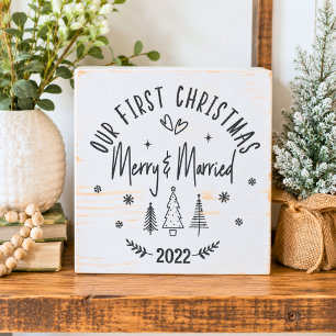 First Christmas Merry and Married Wooden Box Sign
