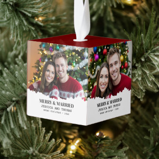 First Christmas Merry & Married 2 Photo Cube Ornament