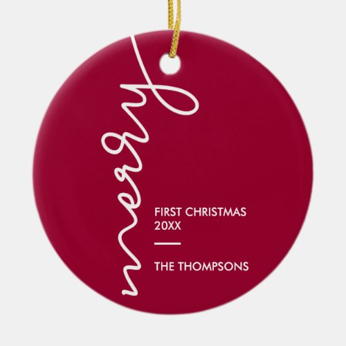 First Christmas Merry Modern Script  photo Ceramic Ornament