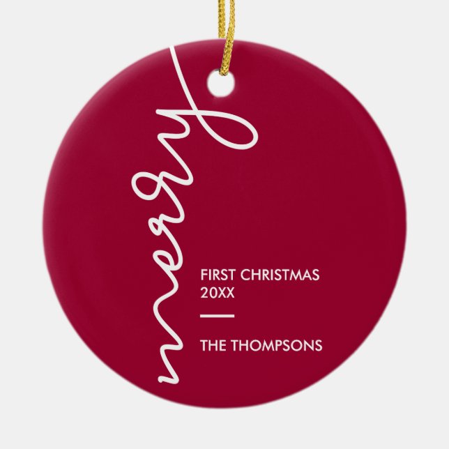 First Christmas, Merry Modern Script | photo Ceramic Ornament (Front)