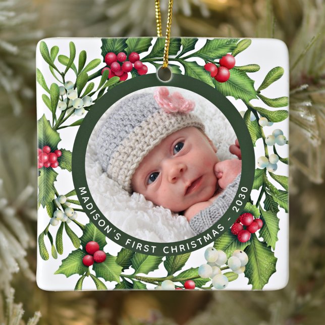 First Christmas Mistletoe Wreath Custom Baby Photo Ceramic Ornament (Creator Uploaded)