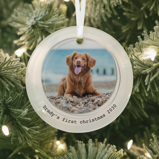 First Christmas Modern Custom Dog Pet Photo Glass Ornament (Insitu)