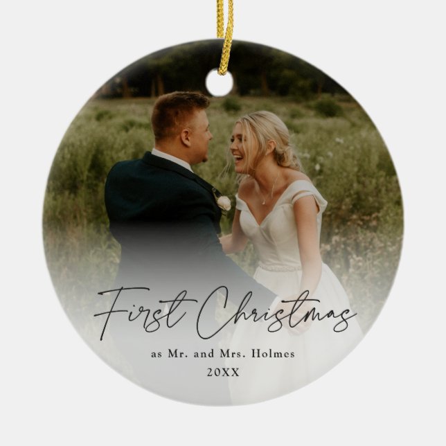 First Christmas Modern Handwritten Wedding Photo Ceramic Ornament (Front)