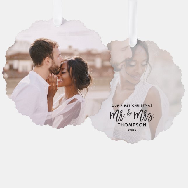First Christmas Modern Mr Mrs Photo Template Ornament Card (Front/Back)