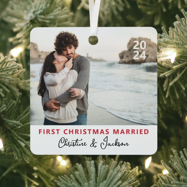 First Christmas | Modern Trendy Couple Photo Met Metal Ornament (Insitu)