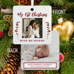 First Christmas mom and baby 2 photo Metal Ornament<br><div class="desc">Baby's first Christmas with mom unique keepsake tree ornament with red berries branches,  your custom 2 photos,  and red modern typography script text.           Can be a beautiful Christmas gift for a new mother.</div>