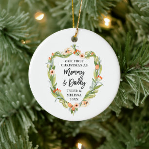First Christmas Mommy Daddy Personalized Greenery Ceramic Ornament
