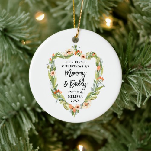 First Christmas Mommy Daddy Personalized Greenery Ceramic Ornament