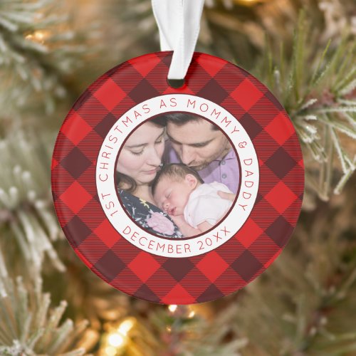 First Christmas Mommy Daddy Photo Red Plaid Ornament