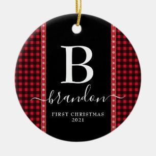 First Christmas Monogram Baby Name Buffalo Plaid  Ceramic Ornament