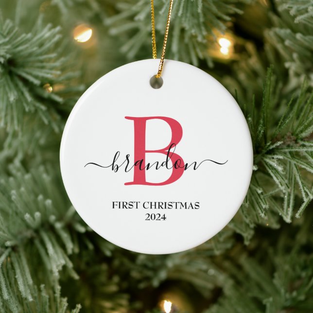 First Christmas Monogram Baby Name Xmas Custom Ceramic Ornament (Tree)