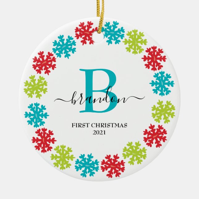 First Christmas Monogram Baby Name Xmas Wreath  Ceramic Ornament (Front)