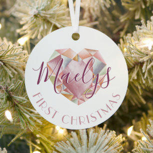 First Christmas Monogram Or Name Blush Pink Photo Metal Ornament