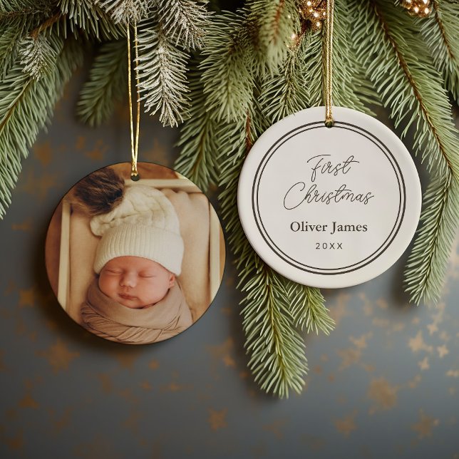 First Christmas Monogram Photo Holiday Ornament (Creator Uploaded)