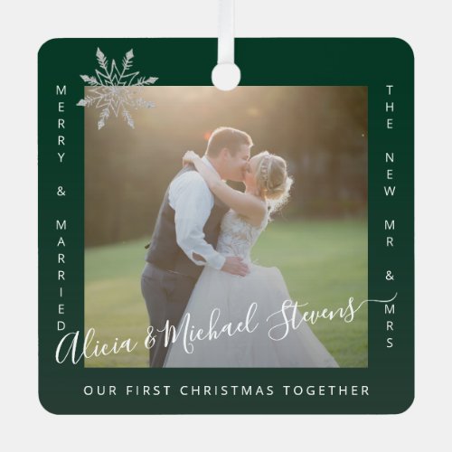First Christmas Mr and Mrs 2 photos couple green Metal Ornament