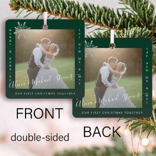 First Christmas Mr and Mrs 2 photos couple green Metal Ornament