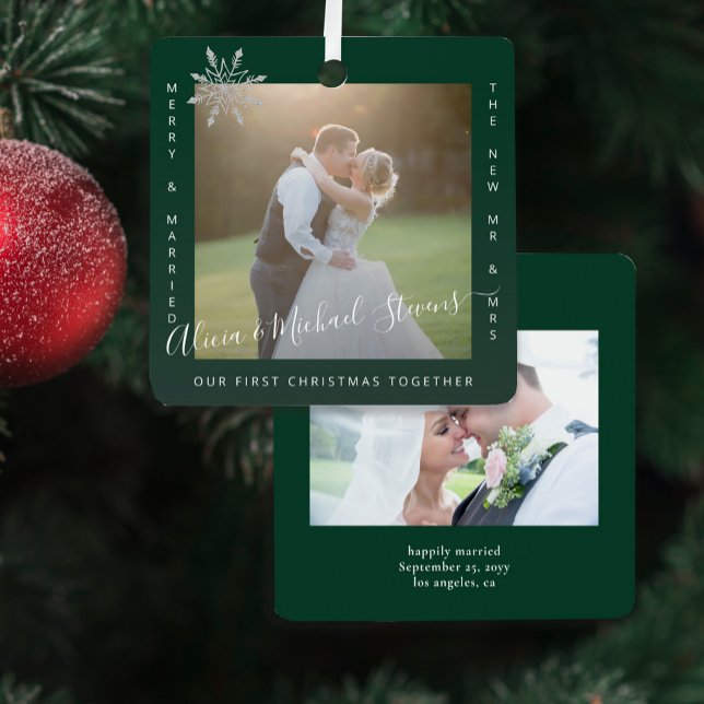 First Christmas Mr and Mrs 2 photos couple green Metal Ornament (Creator Uploaded)