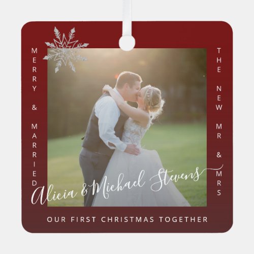 First Christmas Mr and Mrs 2 photos couple red Metal Ornament