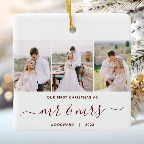 First Christmas Mr and Mrs 3 Photo Red Script Ceramic Ornament