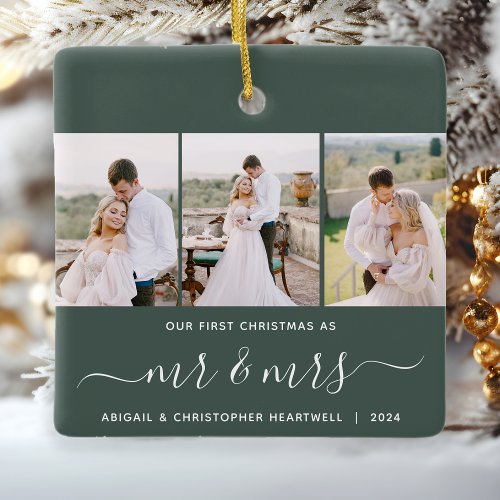 First Christmas Mr and Mrs 3 Photo Script Green Ceramic Ornament