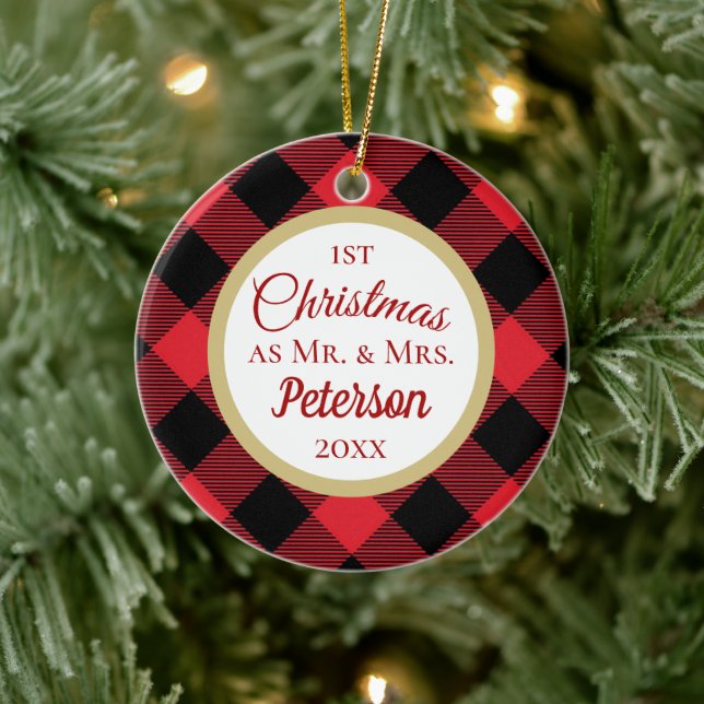 First Christmas Mr and Mrs Buffalo Plaid Ceramic Ornament (Tree)