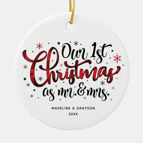 First Christmas Mr and Mrs Buffalo Print Ceramic Ornament