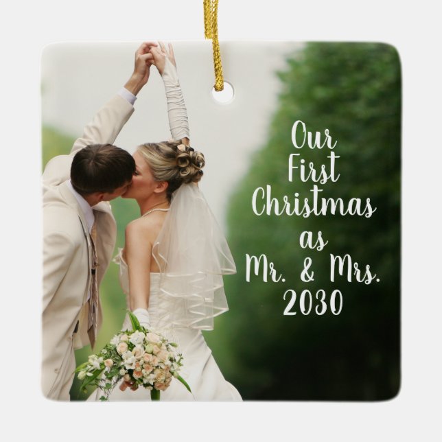 First Christmas Mr and Mrs Custom Wedding Photo Ceramic Ornament (Front)