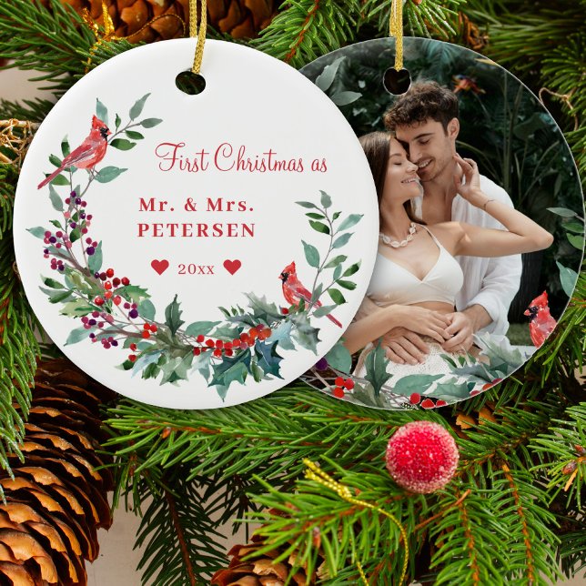 First Christmas Mr and Mrs floral elegant photo Ceramic Ornament (Creator Uploaded)