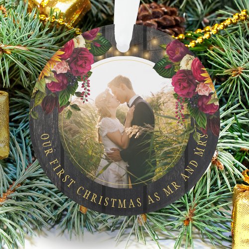 First Christmas Mr and Mrs floral rustic photo Ornament