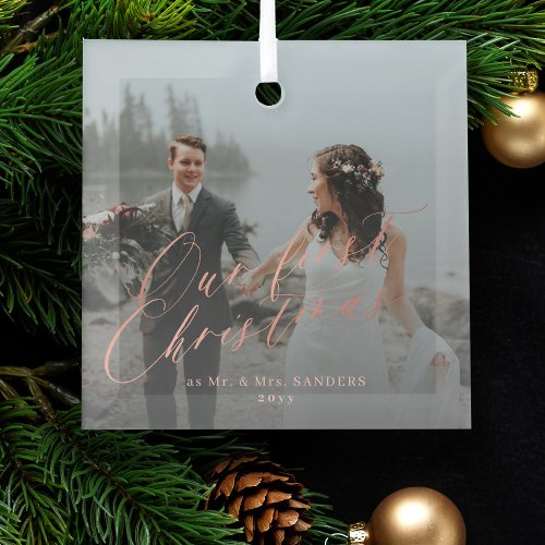 First Christmas Mr and Mrs married couple photo Glass Ornament