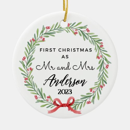 First Christmas Mr and Mrs Married Wreath Ceramic Ornament