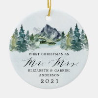 First Christmas Mr and Mrs Mountains Trees Wedding Ceramic Ornament